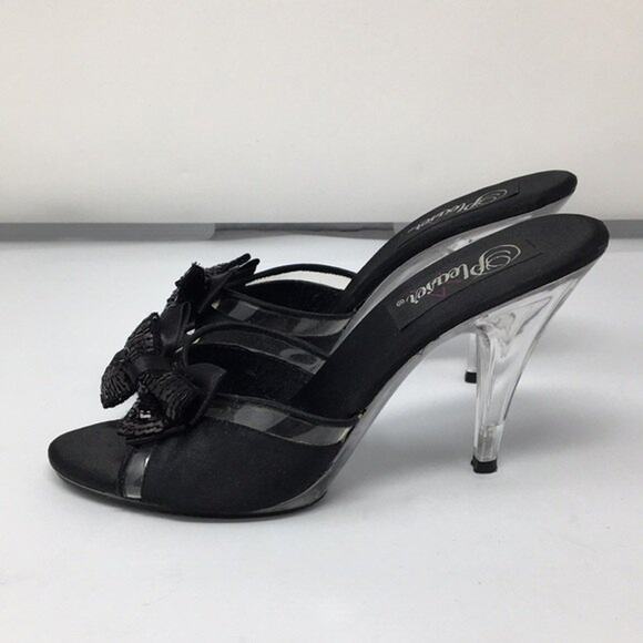 Pleaser Black Caress 401-7 Sequin Bow Heel Slides Size 8 - Picture 1 of 11